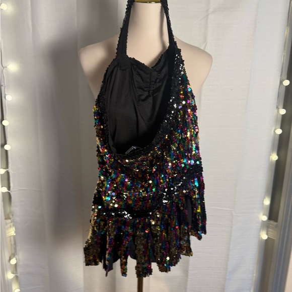 Glamour Costumes Dance Black and Blue Sequin Halter  One Piece - Picture 5 of 7
